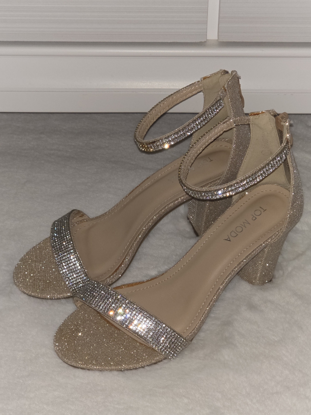 TOP Moda Glittery Gold Block Heel Sandals with Rhinestone Straps